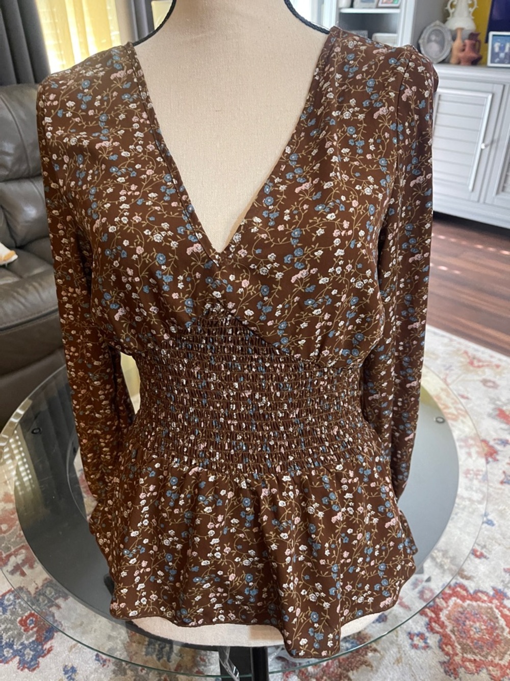Papaya Brown Floral Long-Sleeve Smocked-Waist Dress